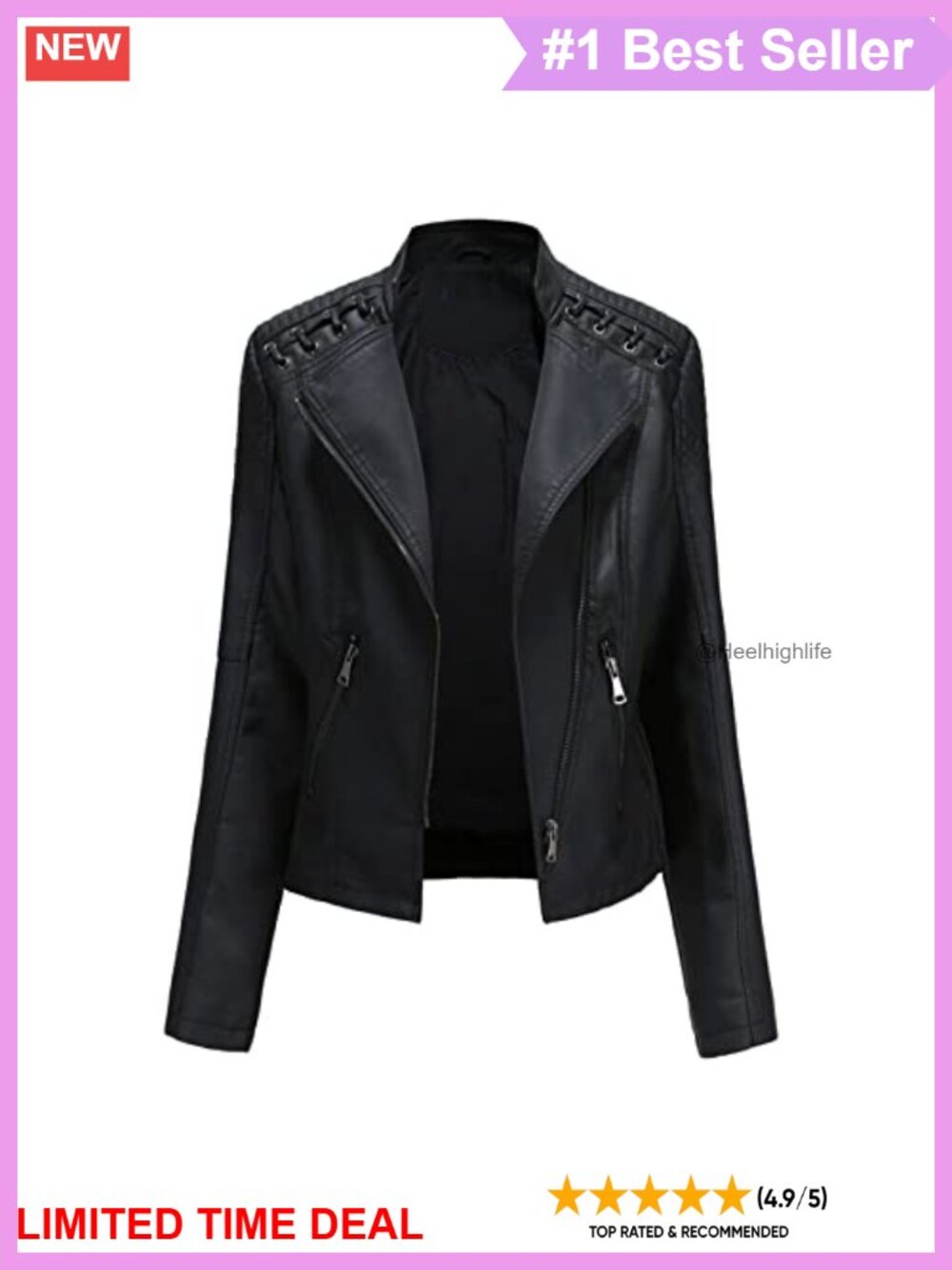 Faux Leather Moto Jacket PU Biker Coat Zip Pockets Asymmetrical Casual Fall